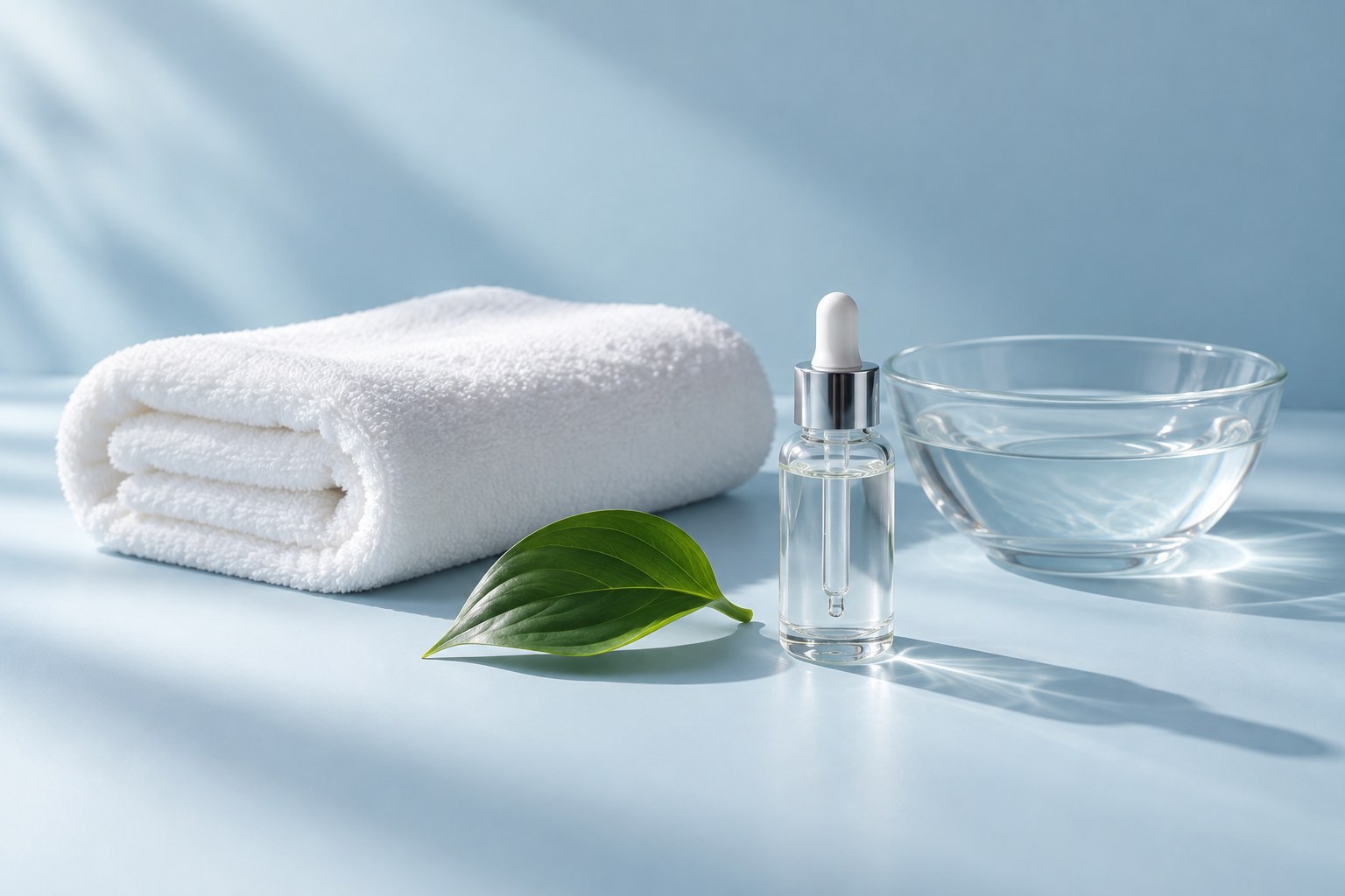 Illustrative spa still-life with folded towels, a bottle and botanical details